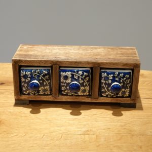Blue Floral Mango Wood 3 Drawer Trinket Box