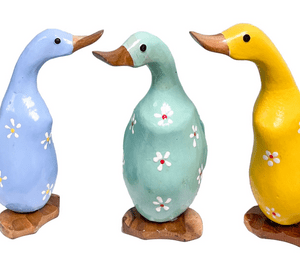 Bamboo Ducks Painted with Flowers Blue 20cm