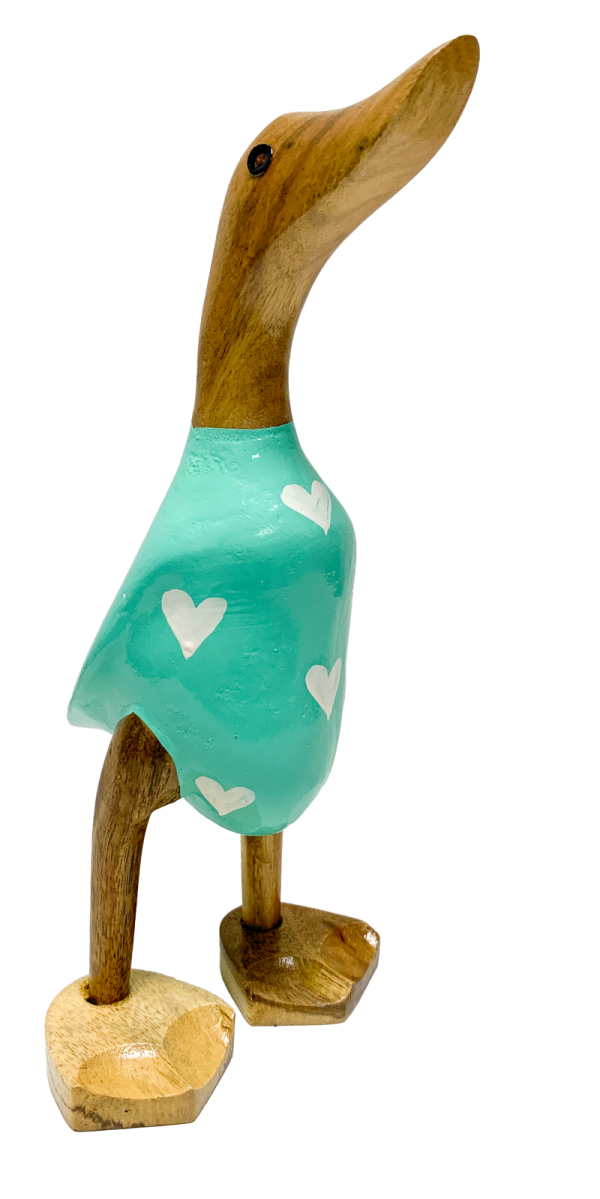 Bamboo Root Ducks Turquoise With Hearts -25CM