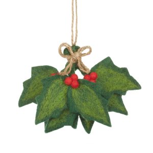 Handmade Felt Biodegradable Holly Sprig Christmas Hanging Decoration