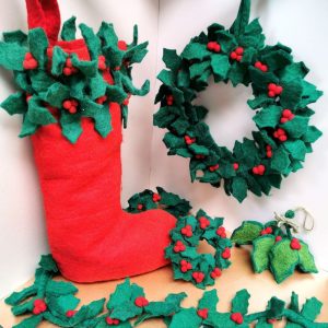Handmade Felt Holly and Berry Wreath 30x30cm