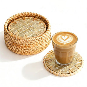 Rattan & Mother of Pearl Coaster Set (6 Piece + Holder) • Cascade Light