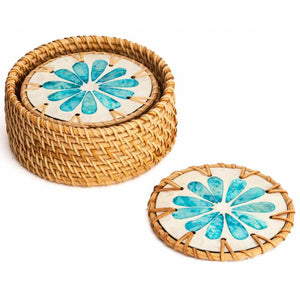 Rattan & Mother of Pearl Coaster Set (6 Piece + Holder) • Ripple