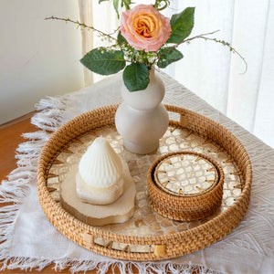Rattan & Mother of Pearl Coaster Set (6 Piece + Holder) • Cascade Light - Image 3