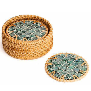 Rattan & Mother of Pearl Coaster Set (6 Piece + Holder) • Cascade