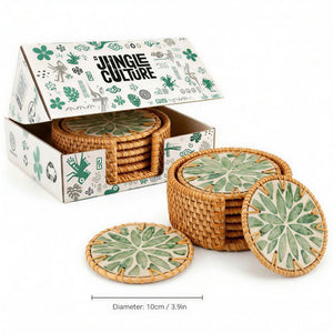 Rattan & Mother of Pearl Coaster Set (6 Piece + Holder) • Everglade - Image 2