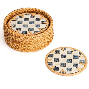 Rattan & Mother of Pearl Coaster Set (6 Piece + Holder) • Drift