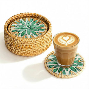 Rattan & Mother of Pearl Coaster Set (6 Piece + Holder) • Everglade