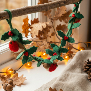 Handmade Felt Biodegradable Holly Garland with Robins Christmas Decoration