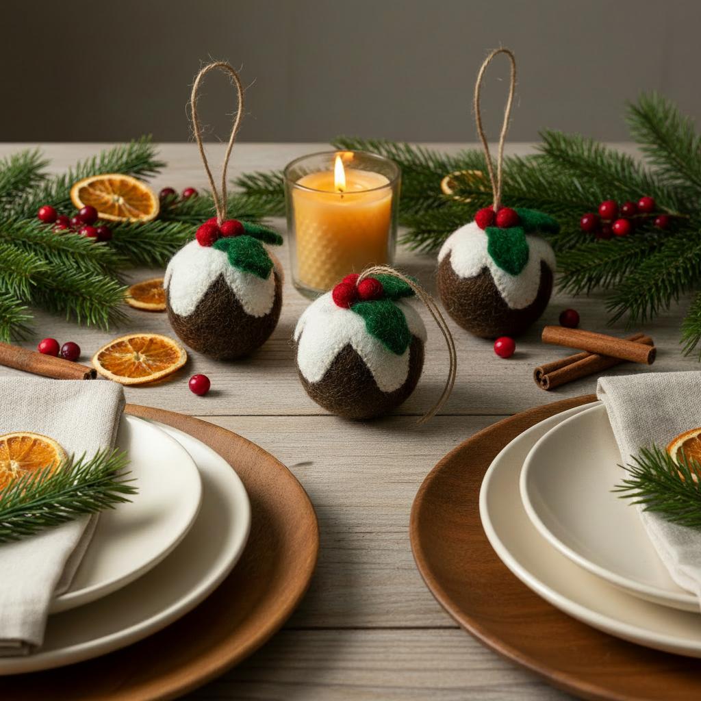 Handmade Felt Christmas Pudding Baubles (set of 3) Hanging Tree Decorations - Image 3