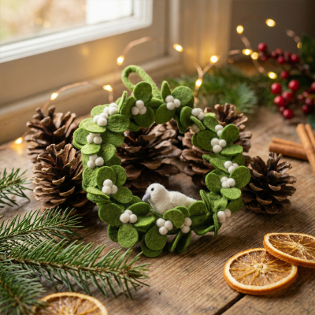 Handmade Felt Fair trade Mistletoe Wreath with Dove Christmas Decor - Image 2