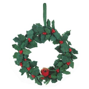 Handmade Felt Fair trade Holly Wreath with Robins Christmas Decor